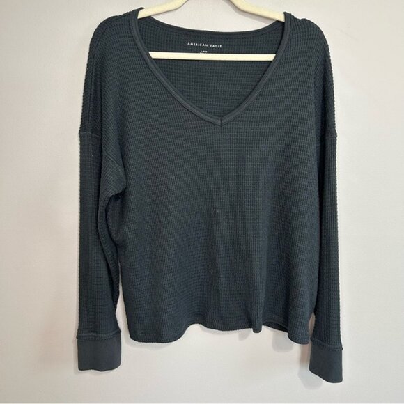 American Eagle Outfitters Dark Gray Waffle Knit V-Neck Sweater Women’s Large - Picture 1 of 5